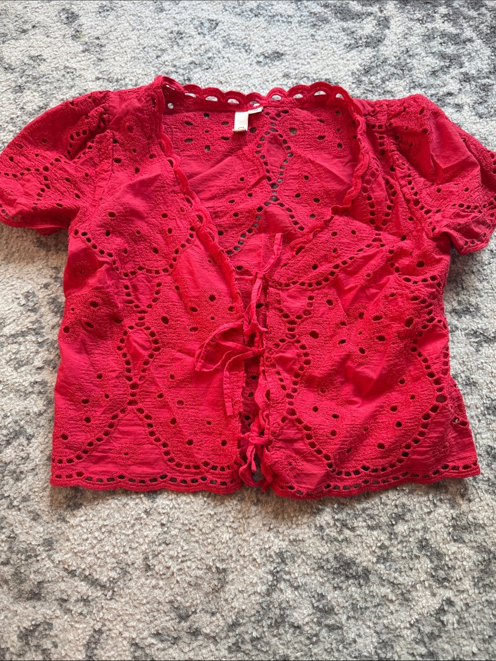 Red Eyelet Tie-Front Top